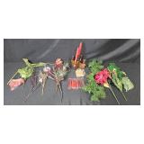 Holiday Decor Lot with Artificial Florals, Candles, Wooden Christmas Trees, and Garland