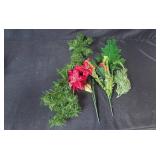 Holiday Decor Lot with Artificial Florals, Candles, Wooden Christmas Trees, and Garland