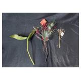 Holiday Decor Lot with Artificial Florals, Candles, Wooden Christmas Trees, and Garland