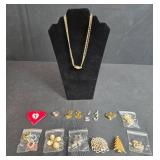 Assorted Vintage Costume Jewelry Collection with Necklace, Brooches, and Earrings - display not inc