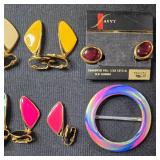 Plastic Jewelry Presentation Box & Collection of Vintage Costume Jewelry Earrings, Brooch, and Chain
