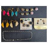 Plastic Jewelry Presentation Box & Collection of Vintage Costume Jewelry Earrings, Brooch, and Chain