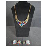 Vintage Costume Jewelry Set with Gold-Tone Necklace and Clip-On Earrings - display not inc