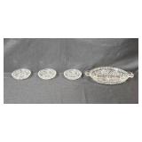 Cut Glass Serving Dish with 3 Matching Small Bowls