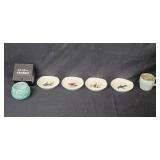 Home Decor Assortment with Bird Plates, Dale Tiffany Favrile Glass, and Ceramic Mug