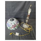 Tiffany-Style Table Lamp with Stained Glass Shade - Missing top knob that secures shade to lamp post.