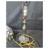 Tiffany-Style Table Lamp with Stained Glass Shade - Missing top knob that secures shade to lamp post.
