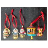 Set of Holiday and Toy-themed Miniature Ornaments with Red Ribbons
