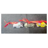 Set of Holiday and Toy-themed Miniature Ornaments with Red Ribbons