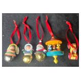 Set of Holiday and Toy-themed Miniature Ornaments with Red Ribbons