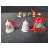 Set of Hallmark Miniature Christmas Ornaments Including Bells, Thimbles, and Characters