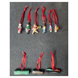 Set of Vintage Miniature Christmas Ornaments Including Train Cars and Figures