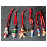 Set of Vintage Miniature Christmas Ornaments Including Train Cars and Figures