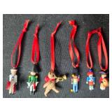 Set of Vintage Miniature Christmas Ornaments Including Train Cars and Figures