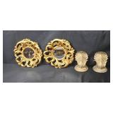Set of Ornate Gold Wall Mirrors and Decorative Shell Bookends