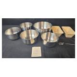 Set of Stainless Steel Mixing Bowls with Ceramic Mini Loaf Pans and Spoon