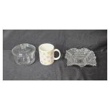 Glass Candy Jar, Hallmark Conversation Hearts Mug, and Textured Glass Dish Set