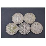 1936-1946 Walking Liberty Half Dollars Lot of 5 Silver Coins