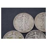 1936-1946 Walking Liberty Half Dollars Lot of 5 Silver Coins