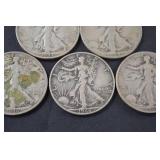 1936-1946 Walking Liberty Half Dollars Lot of 5 Silver Coins