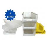 Lot of 8 Mixed Extra Large 34" Long Size Stackable Akrobins & Quantum Hulk Storage Bins - Various Sizes for Versatile Organization and Durable Storage Solutions - Dusty But Great Condition!