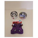 (3) ASSORTED DOG ITEMS (2 BOWLS, 1 HARNESS)