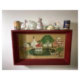 2 display shelves /framed art