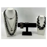 Collection of Black and Silver Tone Fashion Jewelry Necklaces and Earrings