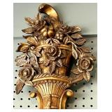 Vintage Hollywood Regency Ornate Gold Gilt Wall Mirror with Floral Basket Crest