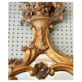 Vintage Hollywood Regency Ornate Gold Gilt Wall Mirror with Floral Basket Crest