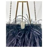 Vintage Black Feather Clutch Purse with Rhinestone Clasp and Chain Strap