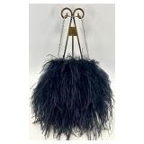 Vintage Black Feather Clutch Purse with Rhinestone Clasp and Chain Strap