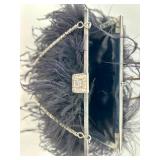 Vintage Black Feather Clutch Purse with Rhinestone Clasp and Chain Strap
