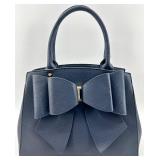 Grossi Navy Blue Handbag with Large Bow Accent and Removable Strap