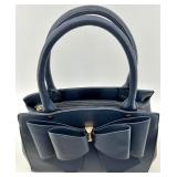 Grossi Navy Blue Handbag with Large Bow Accent and Removable Strap