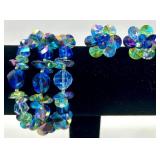 Vendome Blue Aurora Borealis Crystal Bracelet and Clip-On Earrings Set