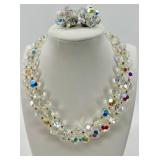 Vintage Lisner Aurora Borealis Crystal Necklace and Clip-On Earring Set