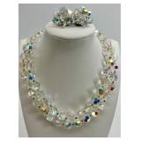 Vintage Lisner Aurora Borealis Crystal Necklace and Clip-On Earring Set