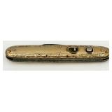 Antique Ornate Brass Push-Button Pocket Knife with Dual Blades