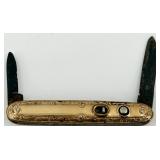 Antique Ornate Brass Push-Button Pocket Knife with Dual Blades