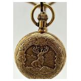 Henkel Swiss Shock Resistant Gold Tone Pocket Watch with Stag and Floral Engraving