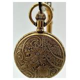 Henkel Swiss Shock Resistant Gold Tone Pocket Watch with Stag and Floral Engraving