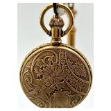 Henkel Swiss Shock Resistant Gold Tone Pocket Watch with Stag and Floral Engraving