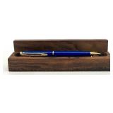 Handcrafted Wood Pen Case with Blue and Gold Pen, Signed