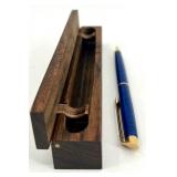 Handcrafted Wood Pen Case with Blue and Gold Pen, Signed