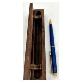 Handcrafted Wood Pen Case with Blue and Gold Pen, Signed