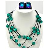 Green Beaded Multi-Strand Necklace with Blue Gemstone Earrings Set