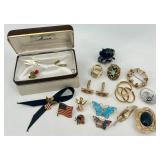 Collection of Vintage Pins, Brooches, Cufflinks and Costume Jewelry in Anson Box