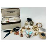 Collection of Vintage Pins, Brooches, Cufflinks and Costume Jewelry in Anson Box