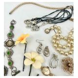 Lot of Jewelry Parts and Pieces Including Necklaces, Bracelets, Earrings, Brooches and Beads